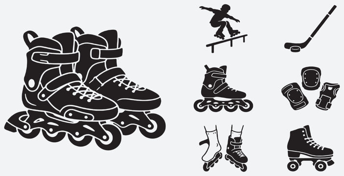 Collection of roller skates, inline skates, rollerblades, protective gear, and skateboarding elements.