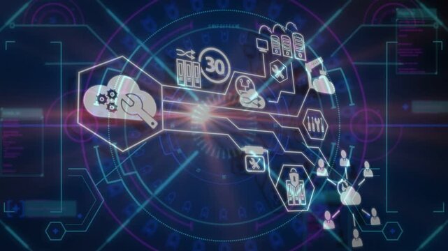 Cloud hexagon sending pulse, extending connector, lighting servers, lock, users, showing tech flow