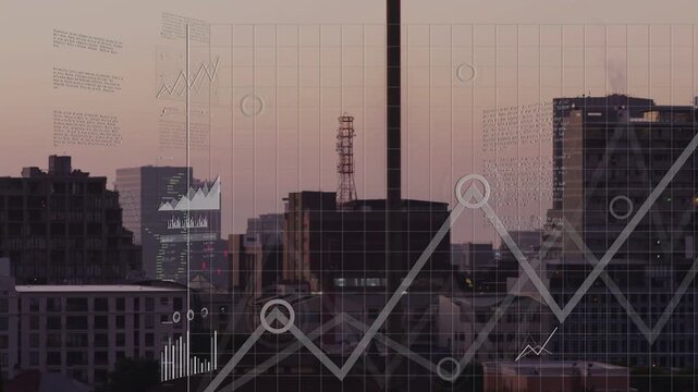 Live data feed animating faint overlays over skyline via mullion, charts rising and merging metrics