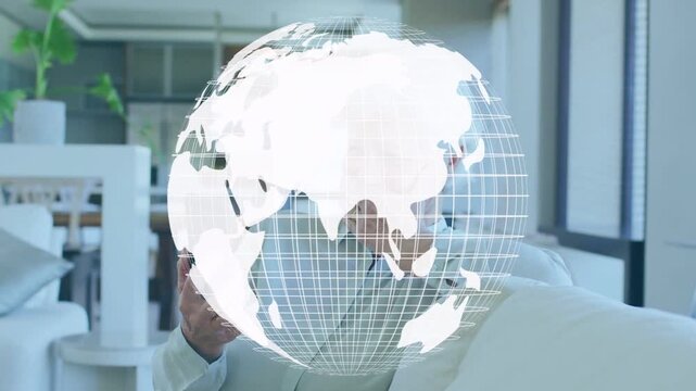 Senior woman holding phone on call, holo globe rotating, masking or unmasking face, showing tech lin