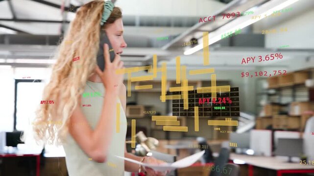 Woman phoning walking to desk showing papers and discussing finances while charts floating onscreen
