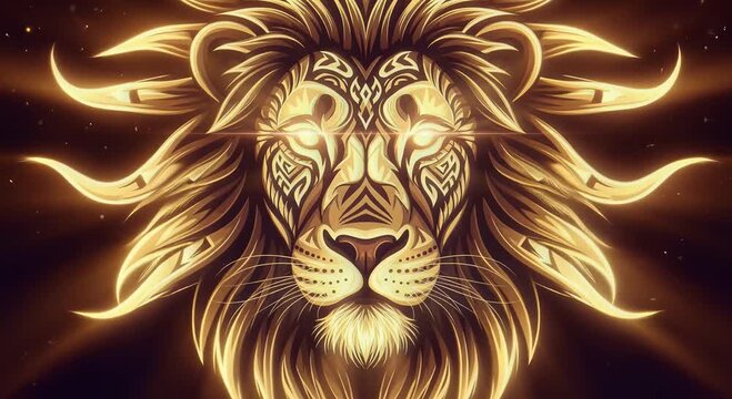 golden neon lion head illustration with glowing mane - fantasy vector art