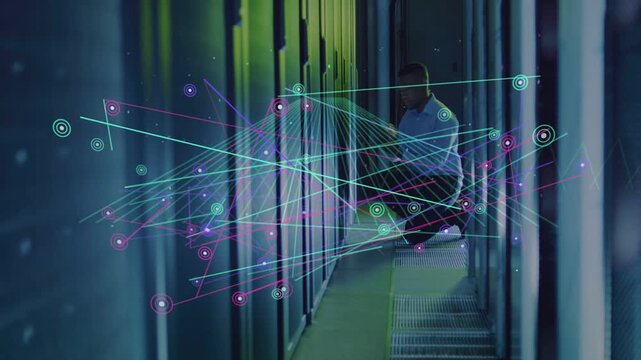 Male tech crouching aisle, reaching into server initiating nodes and lines rising while diagnosing