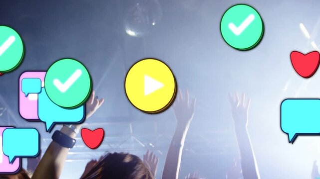 Crowd raising hands at concert, pulsing lights initiating icons flooding crowd, boosting engagement