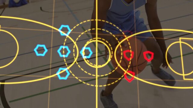 Male athlete dribbling ball midcourt starting game analytics overlay tracking movement for coaching
