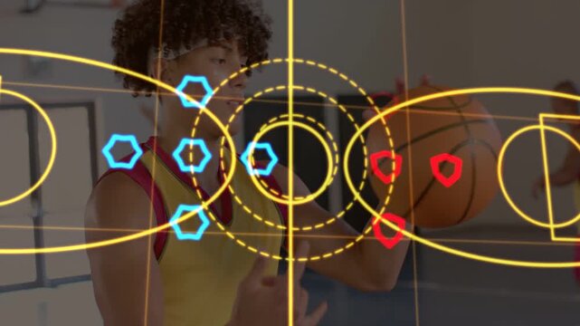Diverse men in yellow jerseys cam zooming out player spinning orange ball HUD showing tactics court