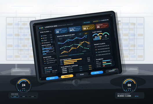 Warehouse logistics control dashboard on rugged tablet with route optimization map, fleet status, ETA, and barcode scan