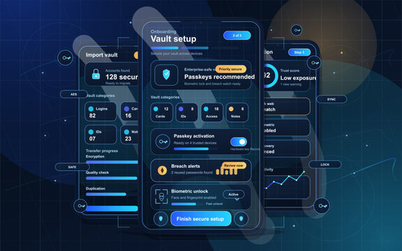 Password manager onboarding app interface with vault setup, passkeys recommendation and biometric security dashboard