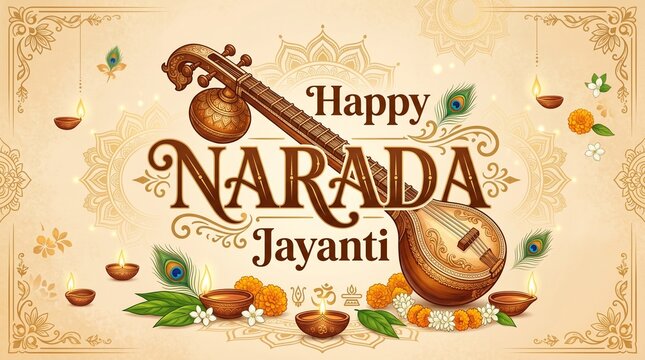 Elegant Narada Jayanti Design with Veena and Musical Notes