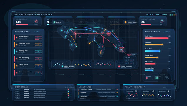 Security operations center dashboard with global threat map, incident queue, anomaly signals, and cybersecurity analytics