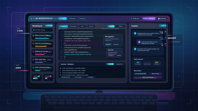 AI workspace dashboard on laptop with code editor, copilot panel, terminal logs and software development metrics