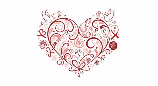 Ornate red heart with doves, roses, and ribbons