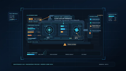 Fototapeta premium Futuristic maintenance dashboard interface with engineering diagnostics, service workflow and industrial system HUD