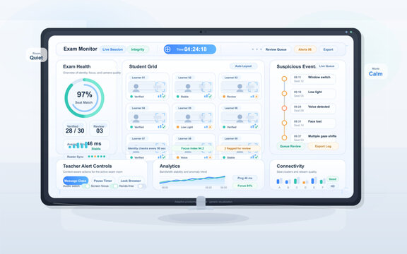 Online exam proctoring dashboard interface with student grid, integrity monitoring and suspicious event review