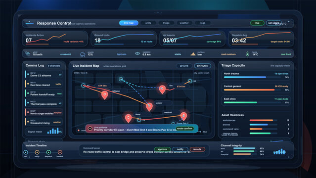 Emergency response control dashboard on laptop screen with live incident map, triage capacity and dispatch analytics