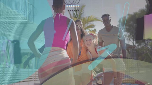 Six friends tightening pose welcoming woman walking in pool animated overlays framing group for ads