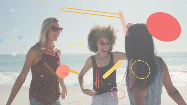 Left woman waving causing trio moving into hug reuniting on beach confetti overlapping them for ads