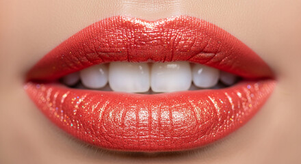Obraz premium Close-up of lips with vibrant red sparkly lipstick and visible white teeth, showcasing beauty, glamour, and modern cosmetic trends for makeup ads