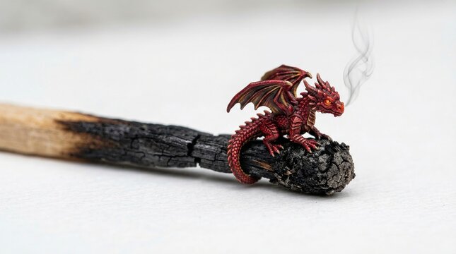 A small dark-red dragon with wings perches on the burnt black tip of a matchstick, thin smoke rising from its nostrils on white.