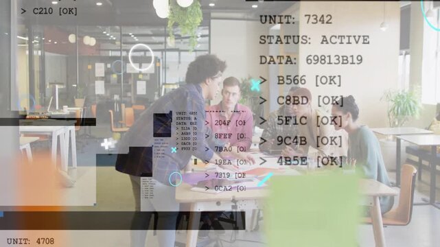 Presenter leaning over table placing docs leading data overlays growing with unit IDs in tech sync
