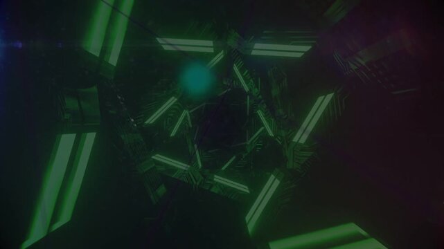 Rotating green-lit bars forming spiral tunnel, viewpoint moving forward, teal orb guiding tech demo