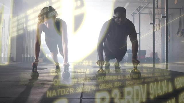 Woman and man starting plank, doing kettlebell push-ups in sync while finance ticker obscuring view