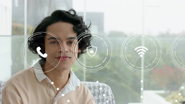 Man sitting chair, HUD loading and showing logistics flow with package or plane or car icons around 