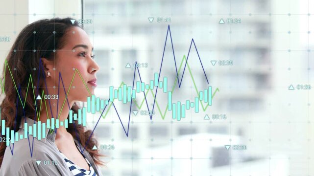 Woman standing at window, animated finance charts sweeping across glass, studying market shifts