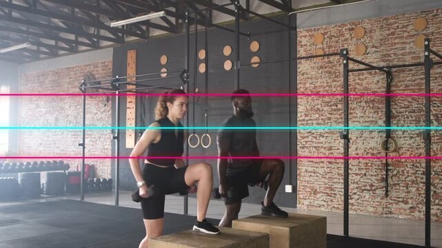 Partners on cue holding dumbbells alternating step-ups onto plyo boxes guide lines tracking fitness
