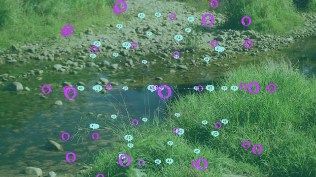 Tech tracking marking shallow stream, grass bank frames causing pulsing cyan tags, magenta rings