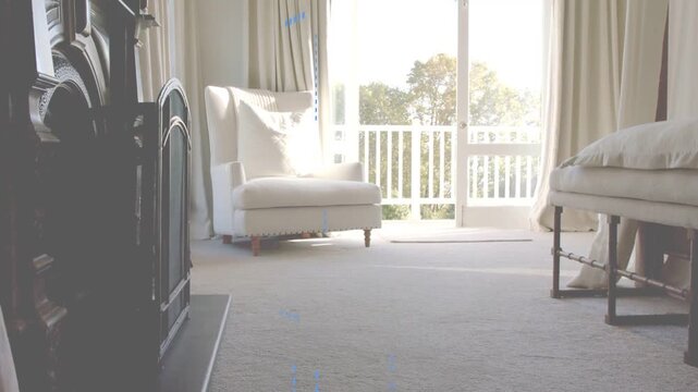 Blue circuit graphics appearing on floor rising and densifying over white armchair showing AR map
