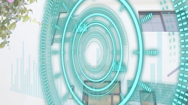 AR detecting doorway, HUD entering left, rotating and aligning rings, scanning facade for tech demo