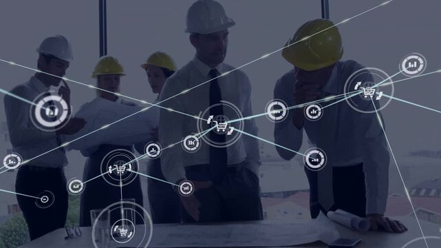 Project team in hard hats pointing at plans and sparking data network while planning construction