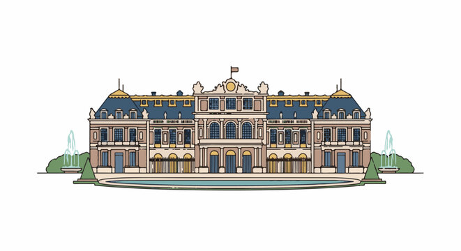 Ornate manor house with blue mansard roof, ornate facade, gardens, pool, and fountains