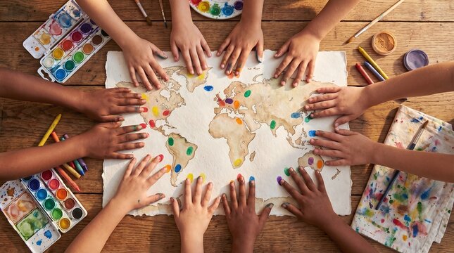 Children's hands painting a world map, symbolizing global unity and diverse cultures in a creative art project