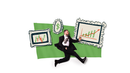 Businessman running between financial charts and growth graphs representing investment success....