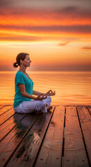 Fototapeta premium Woman in yoga pose on wooden pier during sunset, symbolizing peace and mindfulness, perfect for wellness or lifestyle concepts