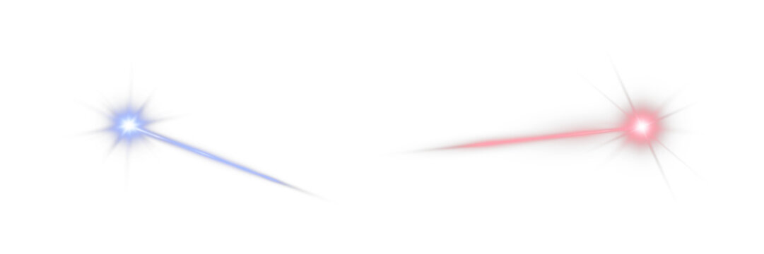 Blue and red laser beams with bright starburst flares and glowing light trails isolated on transparent background.