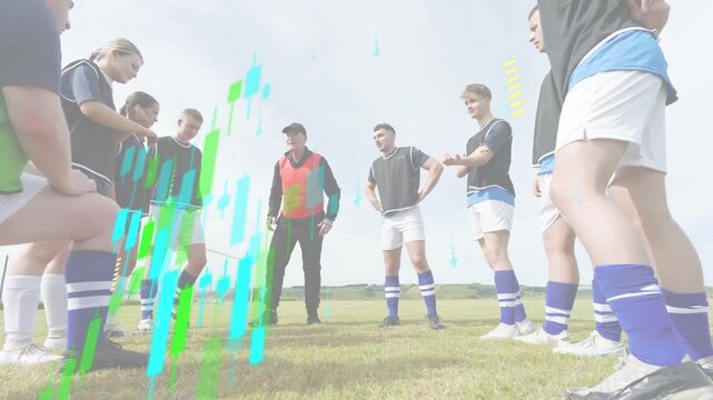 Coach calling team into huddle on soccer pitch, pointing roles as players tying cleats for kickoff