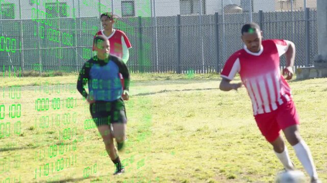 Blue-bib player being pressed in sports losing ball to red rushing goal green overlay tracking left