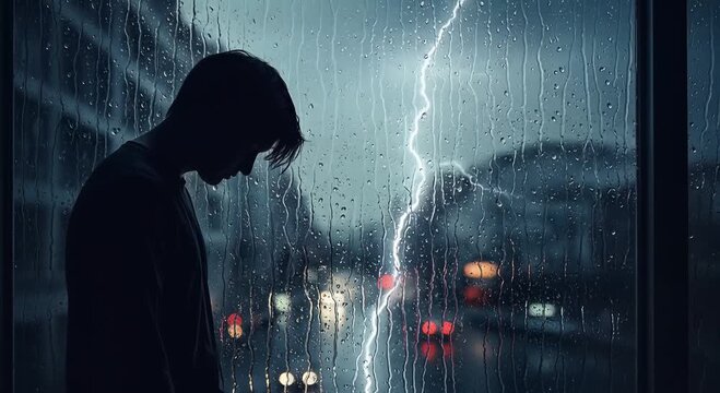 lonely silhouette in rainy night by window as lightning strikes