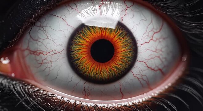 macro closeup eye with orange iris and red veins on dark background