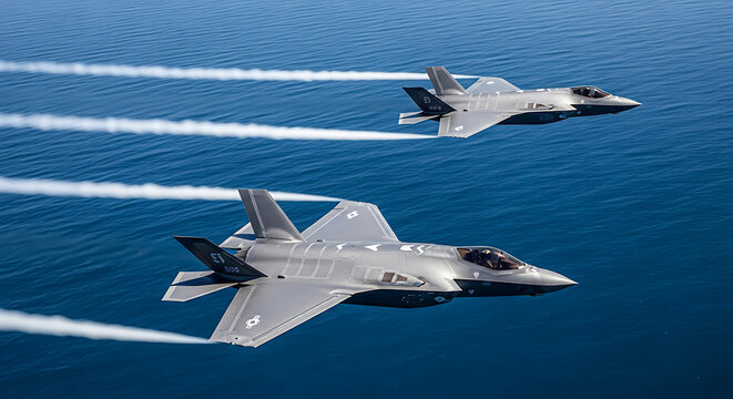 Two gray fighter jets flying in formation with contrails PNG isolated on transparent background