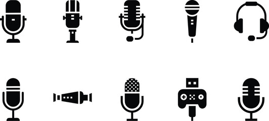 Obraz premium Microphone and headset icons: audio recording and communication devices with microphone stand