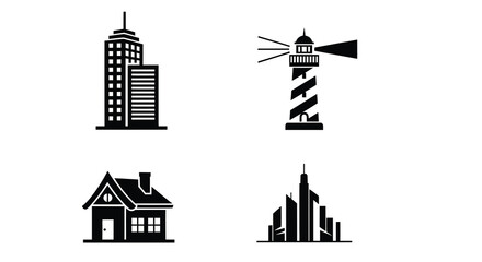 Obraz premium Minimalist icons of buildings and a lighthouse in black silhouette