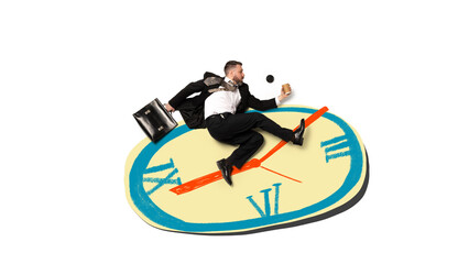 Fototapeta premium Businessman struggling with time pressure while running across clock surface in hand-drawn illustration style. Concept of deadline stress, time management problems, urgency and workload pressure.