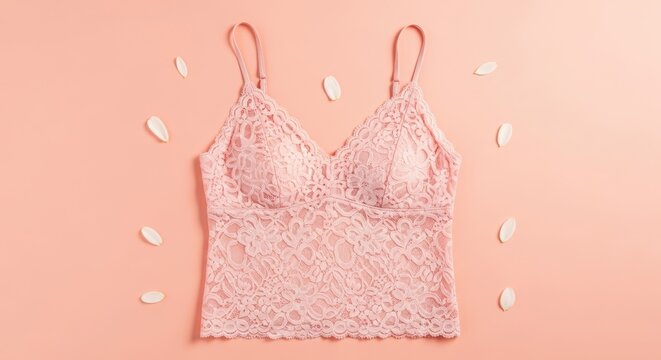 Pink lace camisole for woman with floral pattern displayed on matching background. Delicate lingerie top with camisole strap. Fashionable feminine style for romantic occasion or wedding.
