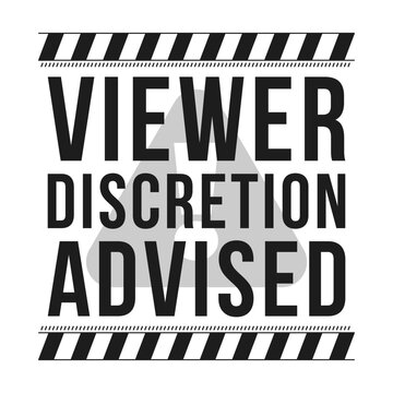 Viewer discretion advised black and white label sign. Potentially sensitive content disclaimer. Digital media alert. Isolated vector badge. Monochrome notice graphic with text. Online attention