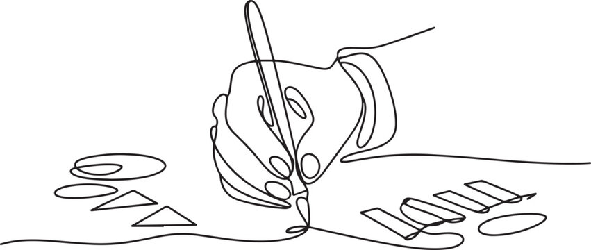Simple continuous lin drawing of hand writing with pen business analysis. Business minimalist concept.one line drawing vector illustration