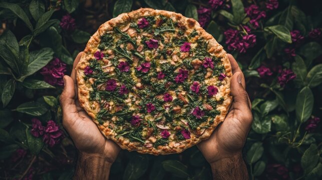 Close-up shot of hands cradling a freshly baked pizza, surrounded by vibrant foliage and flowers